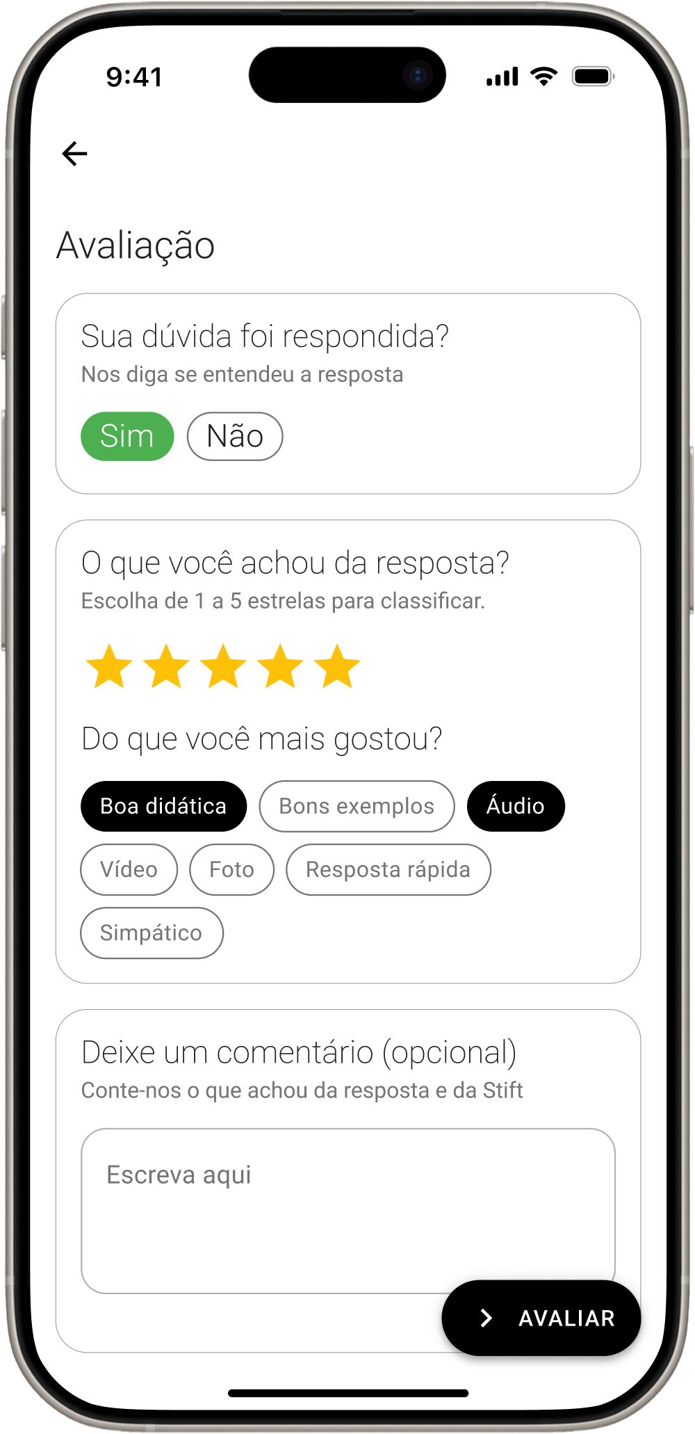 Tela de avaliação do app Stift: aluno avaliando a resposta com estrelas e dizendo do que mais gostou
