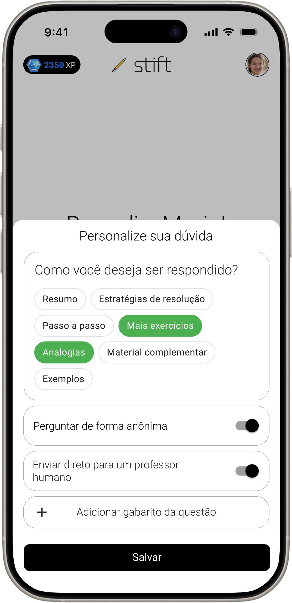 Tela de personalização do app Stift: aluno escolhendo como deseja ser respondido, com opções como passo a passo, analogias e mais exercícios