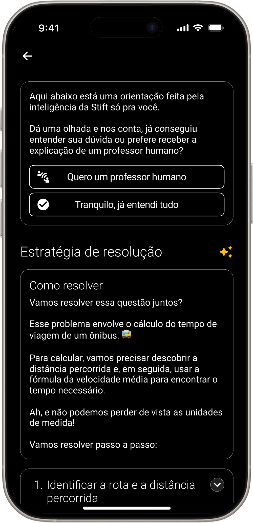 Tela do app Stift com a estratégia de resolução gerada pela IA educacional e opção de pedir um professor humano