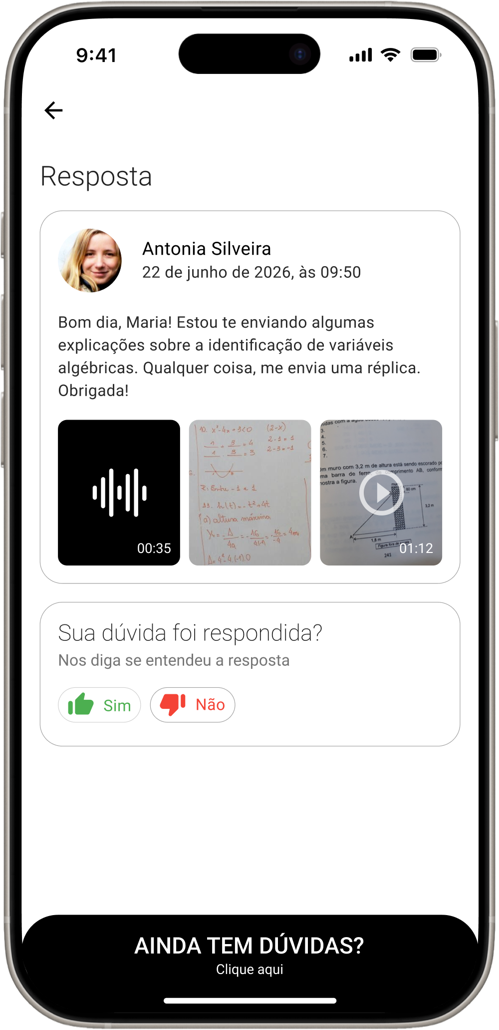 Tela do app Stift com a resposta da professora Antonia Silveira contendo áudio, foto e vídeo explicativos